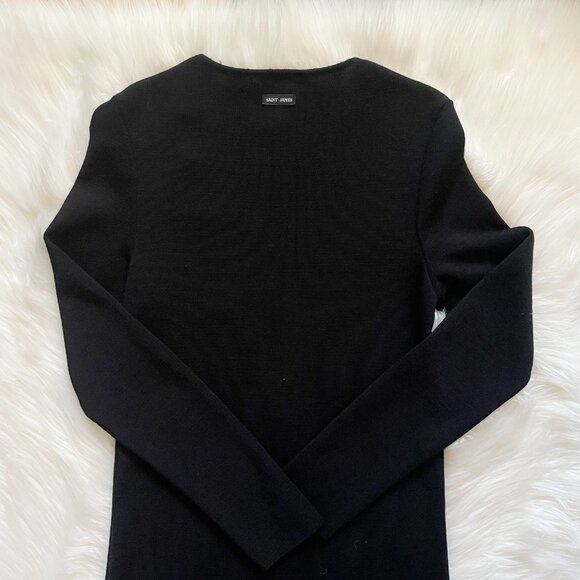 VTG Saint James Black Wool Knit Gold Button Shoulder Long Sleeve Mini Dress - Picture 5 of 10